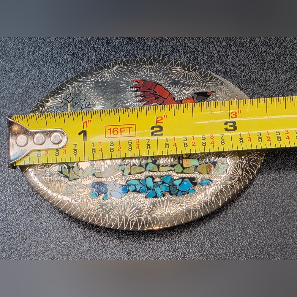 Pheasant/Bird Turquoise Coral Wood Mixed Stone Inlaid Mark HSS Etched BeltBuckle - Picture 12 of 14